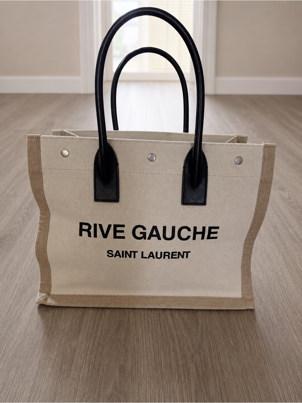 Saint Laurent Rive Gauche Canvas Tote Bag – Natural/Black – Excellent Condition